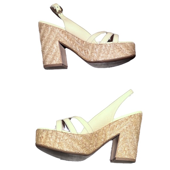 PRADA CREAM PATENT LEATHER WEDGE WOVEN RAFFIA PLATFORM SANDAL - Picture 4 of 16